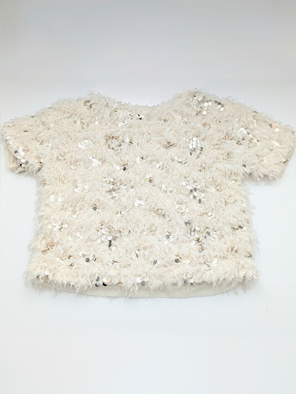 NWT Zara Girls' (Size 6-7) Cream Fuzzy/Feather Sequin Short-Sleeve Sweater Top